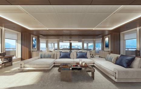 Rendering of Amels 80 superyacht main saloon with U-shaped sofa