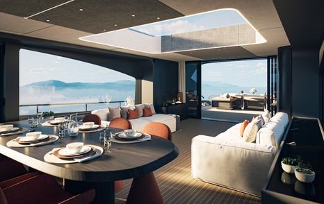 AB Yachts AB 95S motor yacht salon with forward dining area and white sofas 