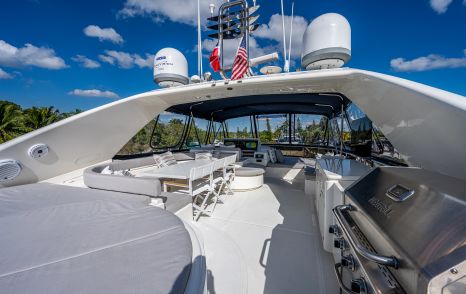 Ferretti motor yacht La Bella Vita flybridge with dining table 