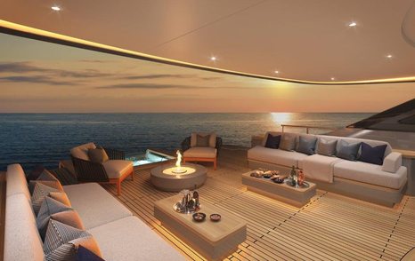 Exterior rendering showing sofas on deck of Oasis 34M