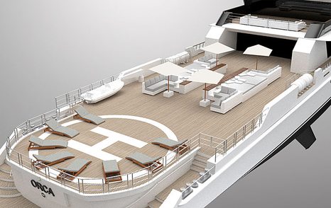 sunloungers line up on touch-and-go helipad with a seating area further forward on the large aft deck of Project Orca