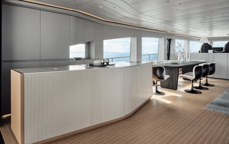 First AB Yachts AB110 hull motor yacht main saloon dining area and breakfast bar