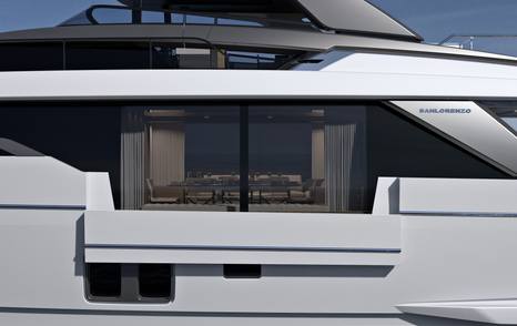 Profile shot and glass windows on board new Sanlorenzo yacht