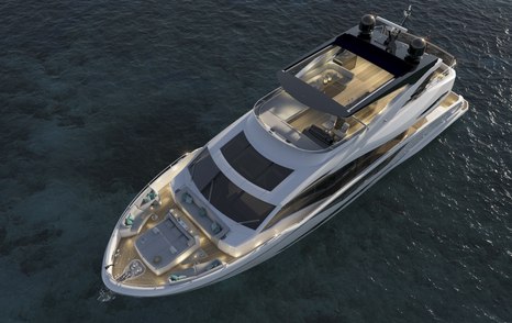 rendering of aerial view of the Pearl 62 yacht, showing off deck areas aft and sun pads on the foredeck