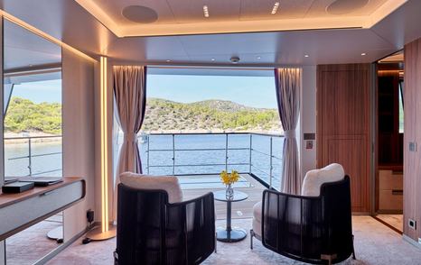 Superyacht Para Bellum master cabin balcony interior seating