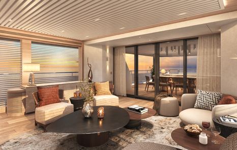 Rendering of superyacht Lalabe main saloon with glass sliding doors