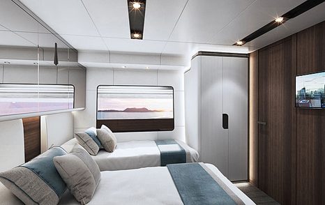 twin cabin with white walls, white ceiling, rich wood accents and white cupboard on board Astondoa AS8 yacht