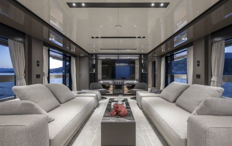 Columbus Atlantique 38M Superyacht Principessa Capricciosa main saloon with dual white sofa