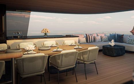 Rendering of Benetti B.Yond 57M superyacht aft deck alfresco dining
