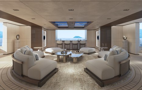 Rendering of Amels 80 superyacht interior with curved seating and window stool seating