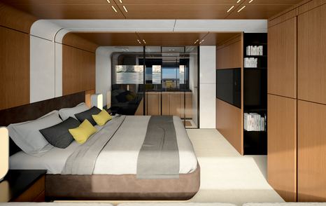 Overview of Owner's cabin onboard Wally WHY100. Rendering shows central berth facing starboard with ensuite in background.