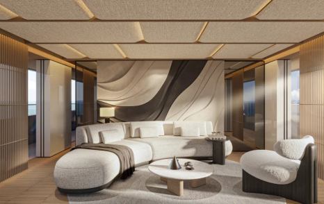 Rendering of Bellini Yacht Eternal 36 motor yacht salon with curved white seating