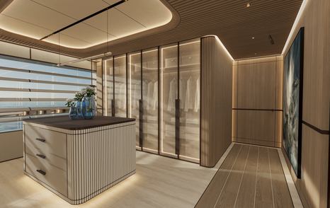 Rendering of ISA Yachts Granturismo 66 Superyacht master cabin walk in wardrobe