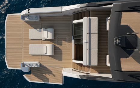 Bluegame BG64 motor yacht beach club aerial view 
