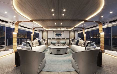 Majesty 160 superyacht main saloon with plush white seating and integrated ceiling LEDs