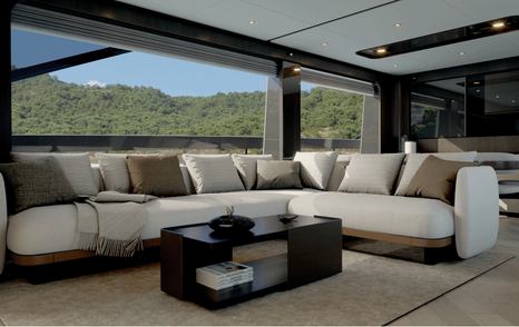 Rendering of Ferretti Yachts 800's main saloon L-shaped sofa