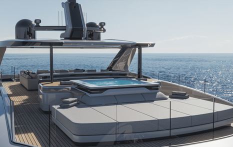 Rendering of Baglietto DOM155 Superyacht upper deck with jacuzzi and surrounding grey sunpads 