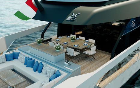 Rendering of second Extra X90 FAST motor yacht aft deck alfresco dining