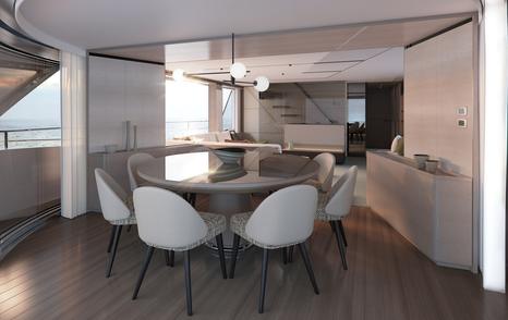 Rendering of Princess X90 motor yacht main saloon dining area with circular dining table