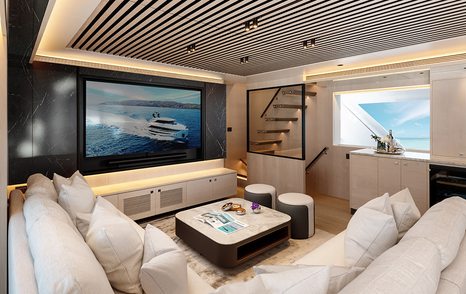 Cosy lounge area onboard Horizon FD80 Sweet Caroline, corner sofa facing wall mounted TV.