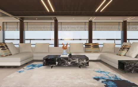 Rendering of Bering 165 explorer yacht main saloon with U-shaped white sofa