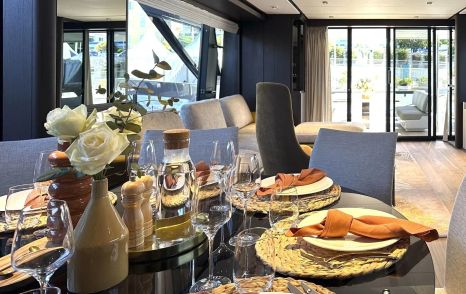 Ferretti motor yacht Lady Aga main saloon dining area 