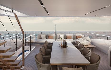 Rendering of the Custom Line Saetta 128' superyacht main aft deck alfresco dining