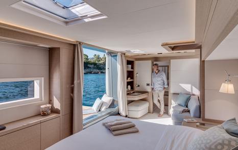 Master cabin on a catamaran built by Lagoon Power
