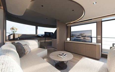 Rendering of Absolute Navetta 58 motor yacht interior seating with U-shaped seating and pop up TV