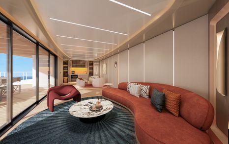 Rendering of CL Yachts CLC115 catamaran mid deck lounge with curved red seating and marbled coffee table