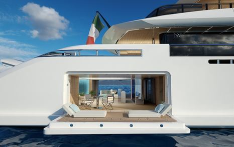Rendering of ISA Continental 80 superyacht beach club fold out balcony