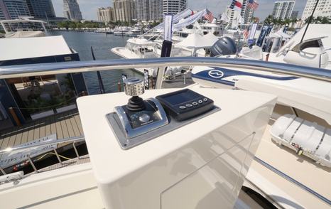 Fleming 85 flybridge wing station providing clear sightlines for close-quarters manoeuvring
