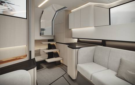 Rendering of Sialia 45 Sport boat interior with integrated seating