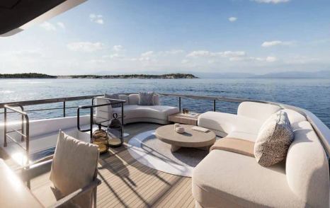 Rendering of Azimut Fly 82 motor yacht upper deck aft with curved cream seating