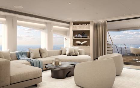 Rendering of superyacht Project Evita lounge with white L-shaped sofa