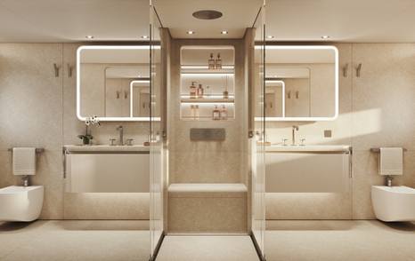 Rendering of Custom Line Navetta 35 superyacht master cabin ensuite with his and her sinks