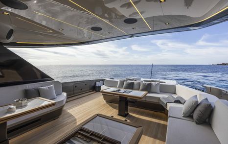 Open Yacht Sexy Me aft upper deck with sunpads 