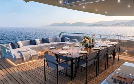Rendering of Antonini Navi XPD95 Motor Yacht aft deck with shaded alfresco dining and large U-shaped seating