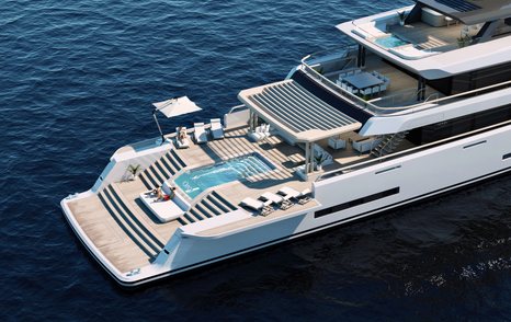 Rendering of superyacht Project Orca stern with beach club and people sunbathing