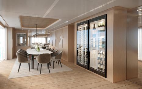 Rendering of the Benetti B.Now 50M Evo superyacht main saloon dining area and wine cooler