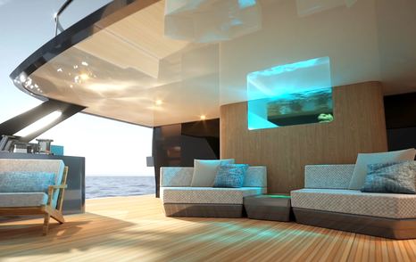 Rendering of Azimut Grande 44M superyacht beach club with light from glass infinity pool
