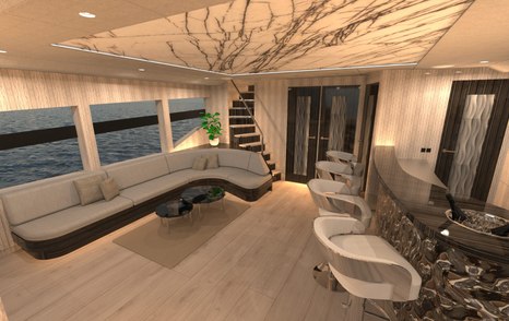Rendering of St-Barth 85 Fly motor yacht main saloon L-shaped sofa and bar 