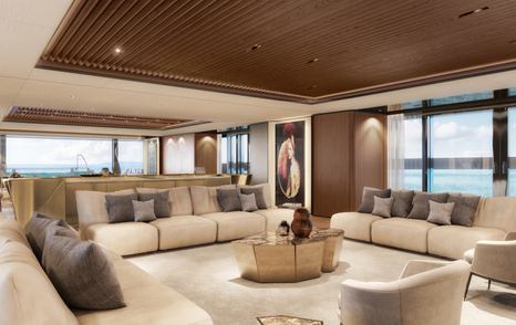 Rendering of Sanlorenzo 74Steel superyacht main saloon with white furniture 