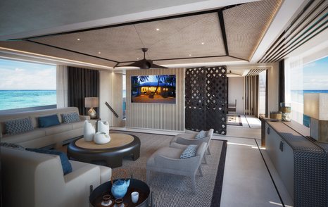 Overview of main salon onboard Dynamiq Yachts GTT 165, U shape arranged seating with central coffee table plus sideboards to starboard underneath wide window