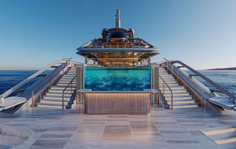 Rendering of superyacht Project Elf stern with glass fronted infinity pool