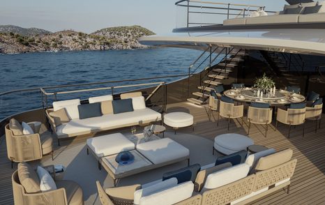 Rendering of ISA Unica 45M Superyacht aft deck seating with shaded alfresco dining