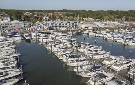 Overhead view looking over Swanwick Marina with many yachts for sale berthed