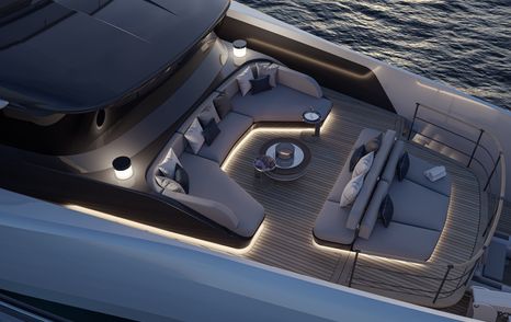 Rendering of ISA Unica 45M Superyacht foredeck with integrated U-shaped seating