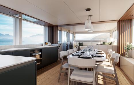 Rendering of Sunseeker 74 Ocean motor yacht main saloon dining area