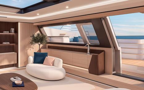Rendering of Fountaine Pajot FPY120 catamaran interior with glass walk arounds 